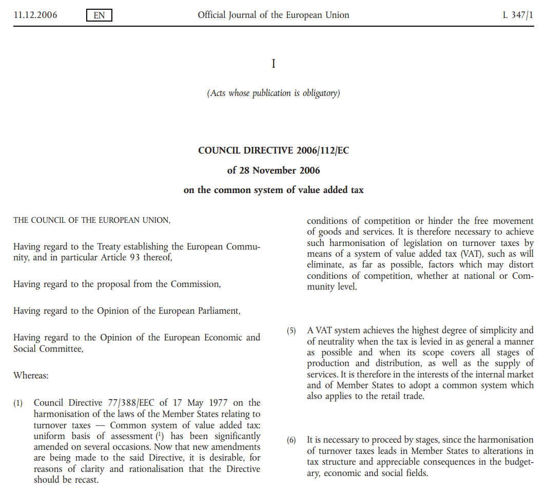 COUNCIL DIRECTIVE 2006 112 EC